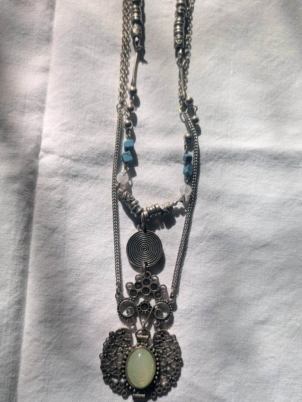 vintage-style silver-tone multi-strand assemblage statement necklace Blue Green
